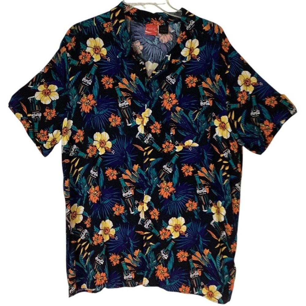 Coca-Cola Tropical‎ Floral Hawaiian Short Sleeve Button-Up Shirt Men's Size XL